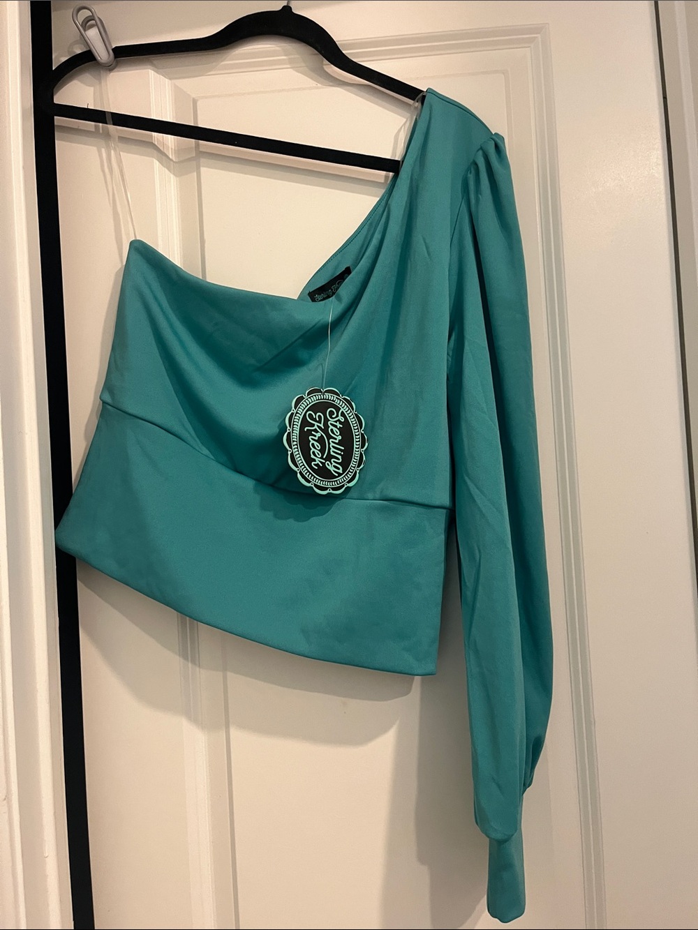 Sterling K. Green One-Shoulder Teal Blouse